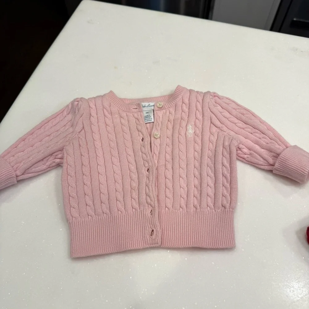 Ralph Lauren Baby Girl 2 PCS Set Pink Cable Knit Cardigan & Polo Onsie Sz 3 Mo
